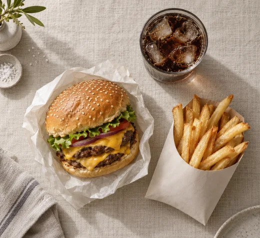 Cheeseburger, fries and cola
