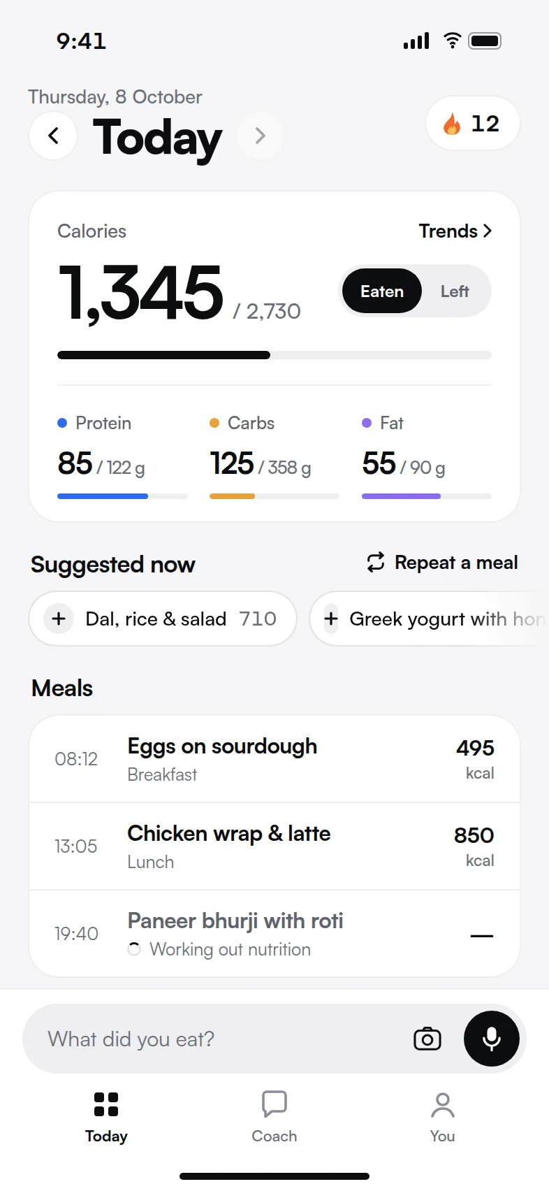 Today: calories eaten against target, macros, suggestions and meals
