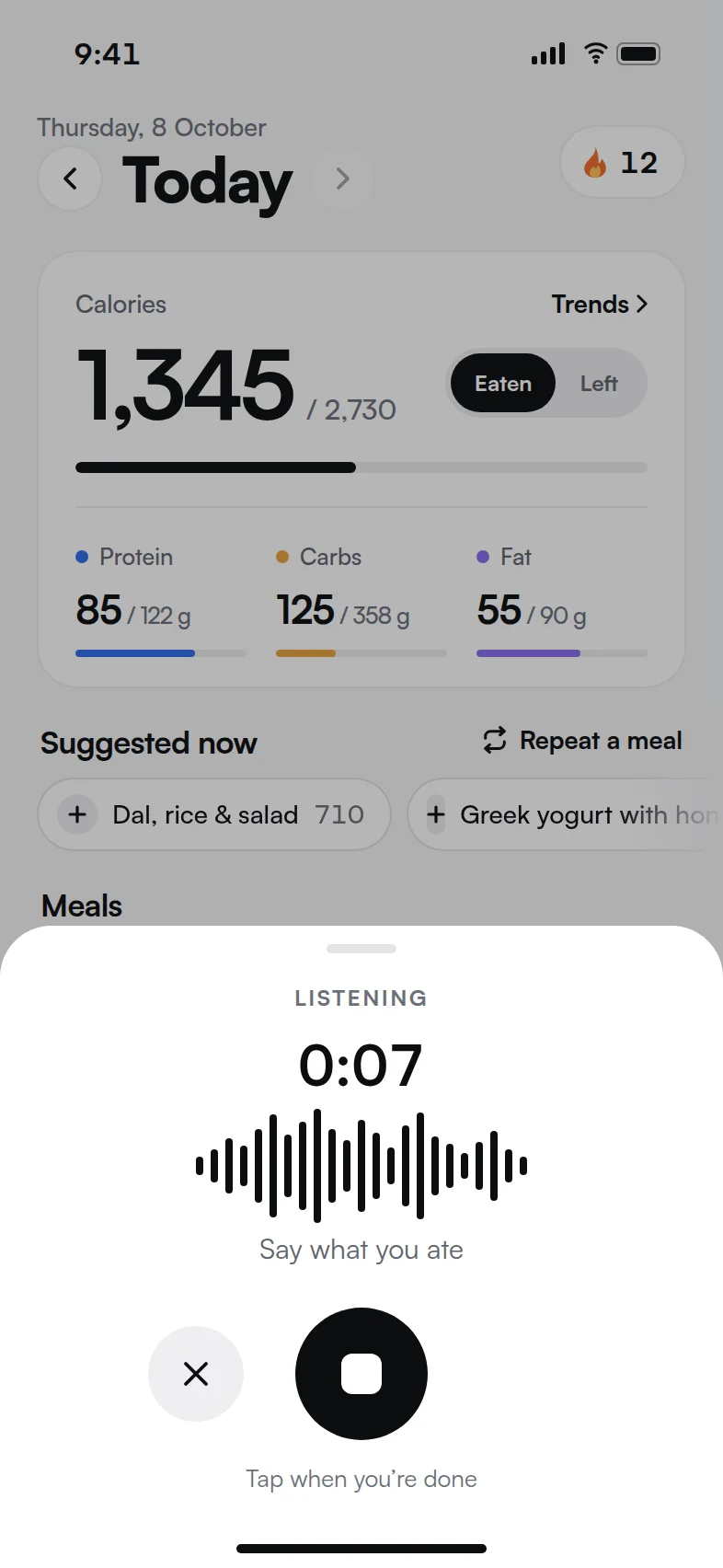 Listening: a live waveform while you describe your meal