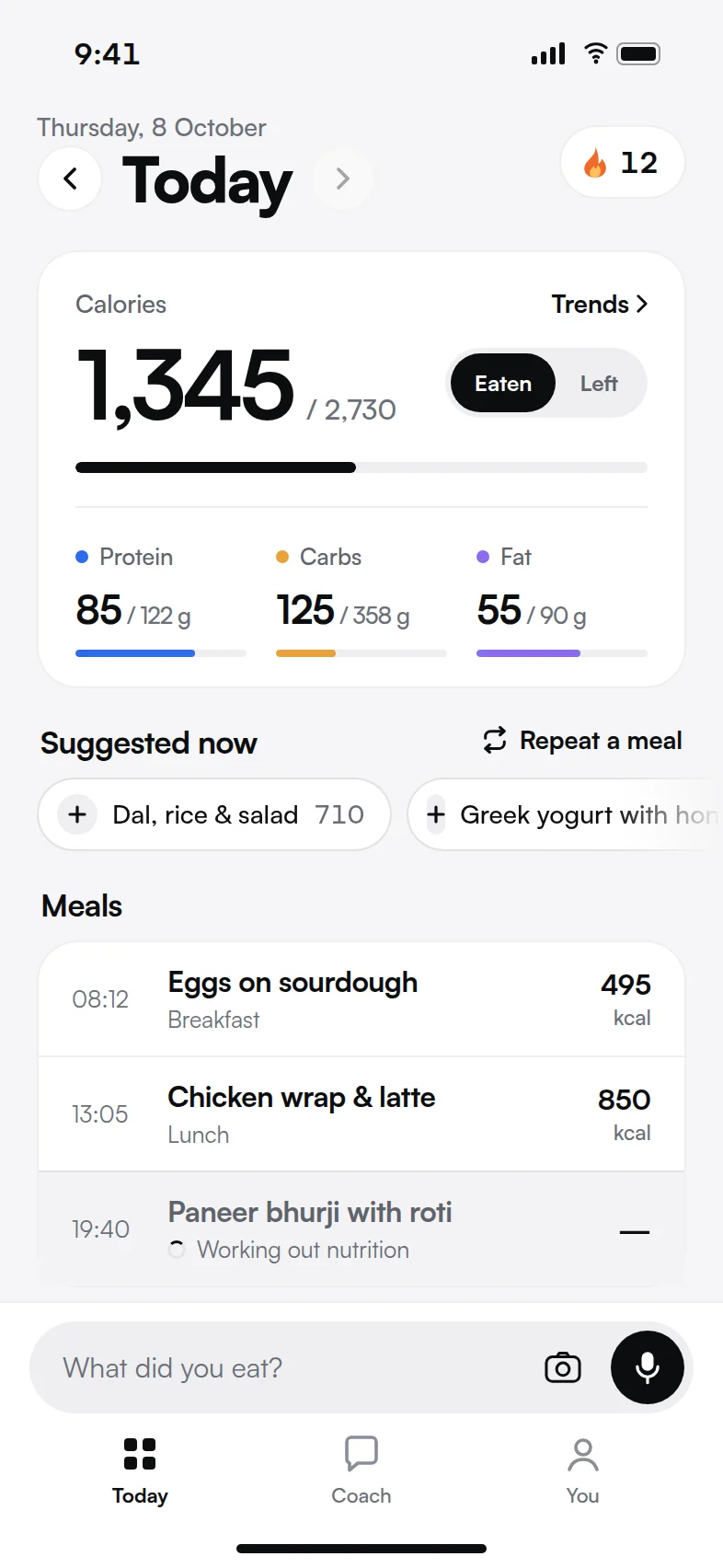 Today’s meals, with the new meal working out its nutrition