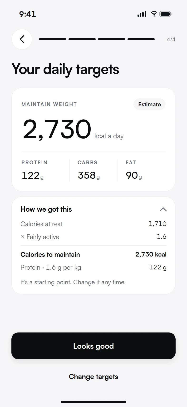 Your daily targets: 2,730 kcal with protein, carbs and fat